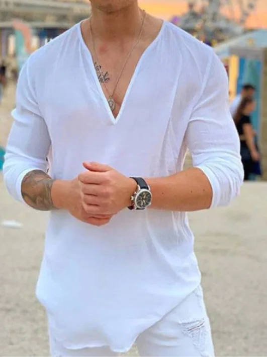 

Мужская повседневная цветная футболка с v-образным вырезом, свободный крой из смеси хлопка, всесезонный универсальный удобный топ M