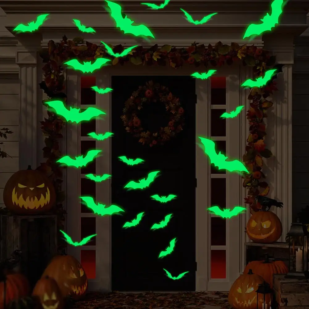 16 PCS Glow In The Dark Halloween Decals, DIY Halloween Party Supplies 3D Decorative Scary Bats Wall Decals for Halloween Party