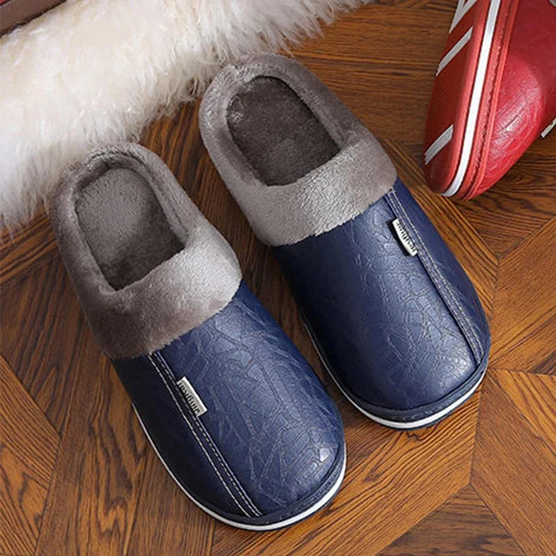 New Fashion Winter Warm Men\'s Plush slippers Non-slip PU Leather Upper Babouche Waterproof Slides Leisure Male Home Cotton shoes