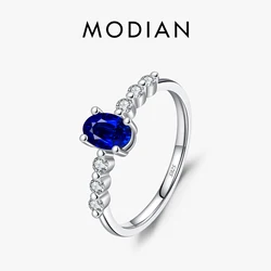 MODIAN 925 Sterling Silver Vintage Exquisite Basic Oval Blue Zirconia Finger Ring for Women Statement Ring Jewelry Gift