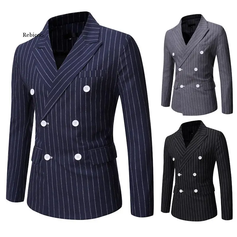 

Men Blazer Slim Fit 2021 Autumn Winter New Men's Suit Striped Printing Casual Double-breasted Suit Jacket Men Clothing