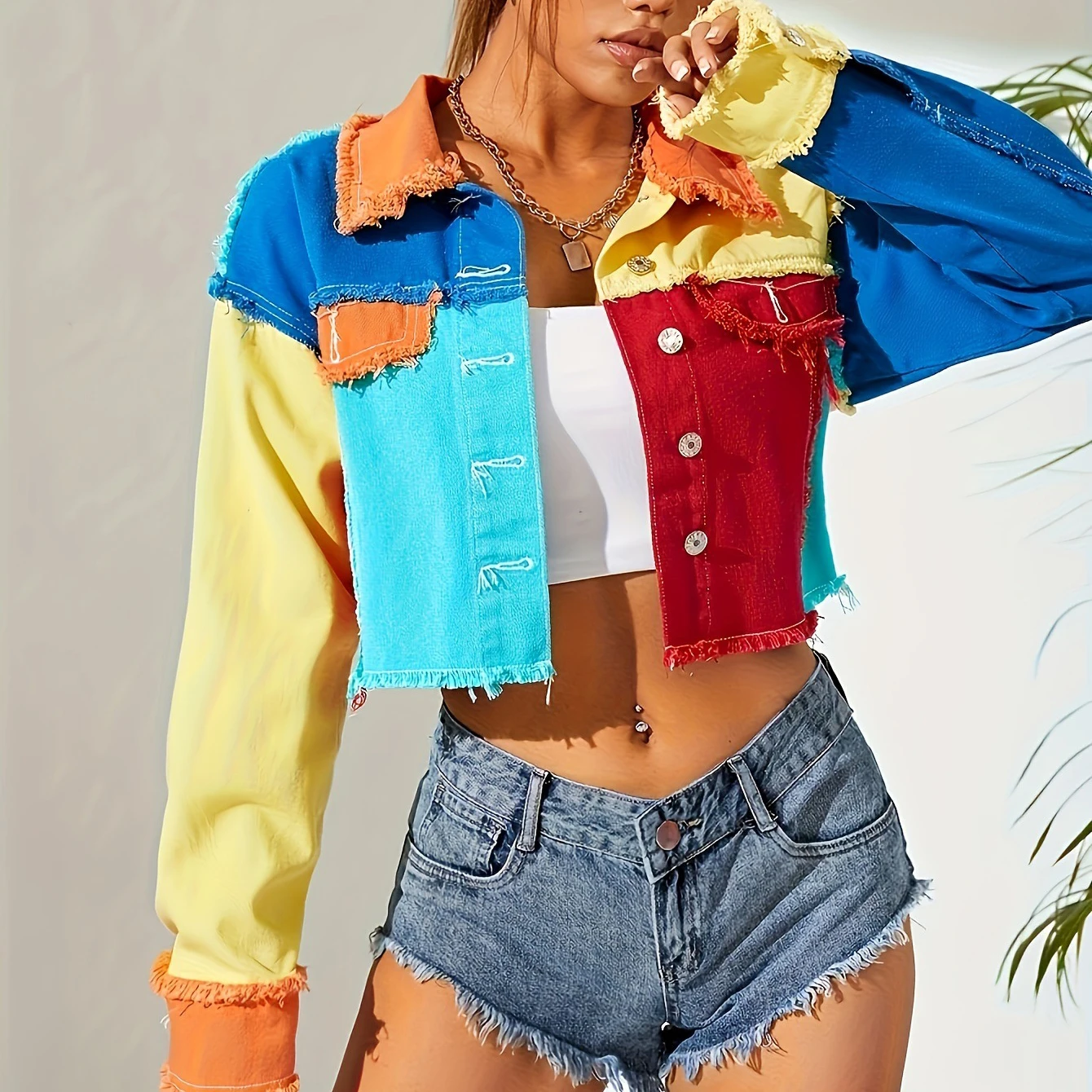 Raw Edge Splicing Color Denim Coat for Women American Colorful Street Style Spring Autumn Versatile Long Sleeve Cowboy Short Top