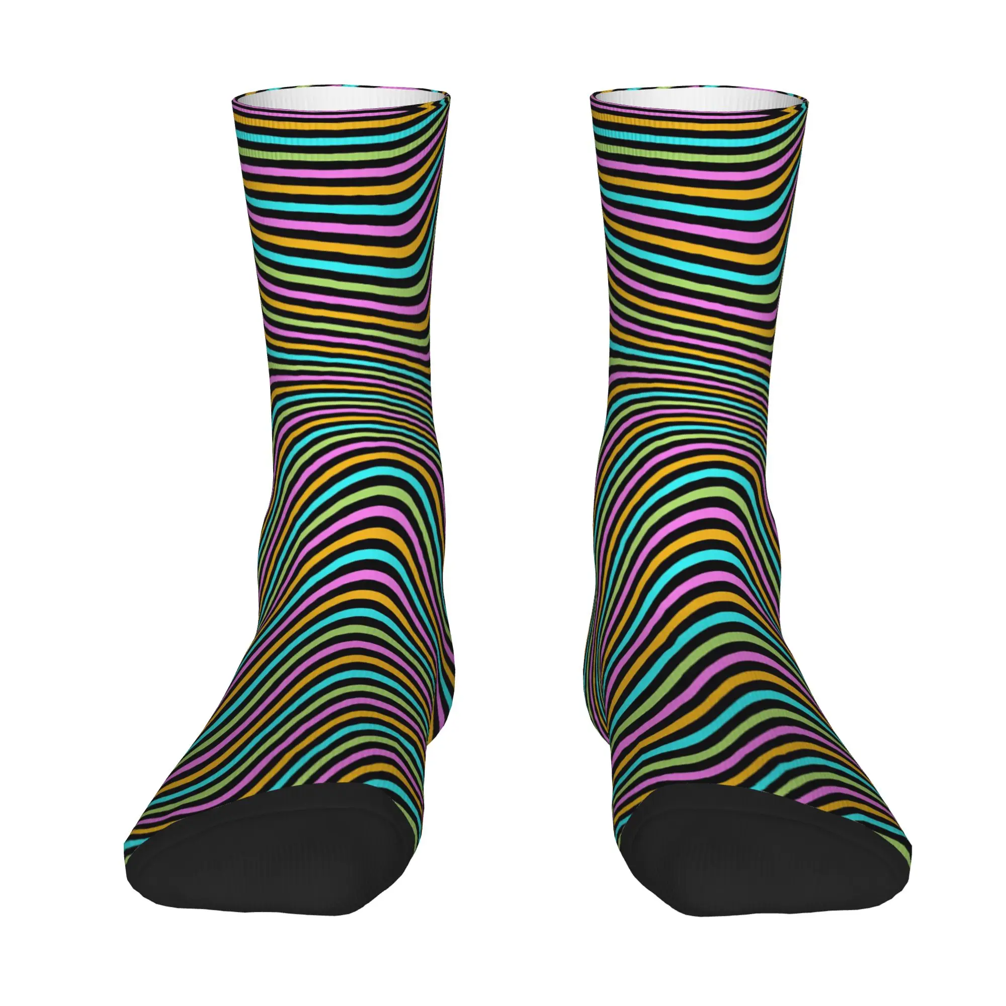 Pastel Rainbow Wavy Stripes Black Background Abstract Texture Socks  Novelty Stockings Autumn Anti Skid Men Socks Soft Socks