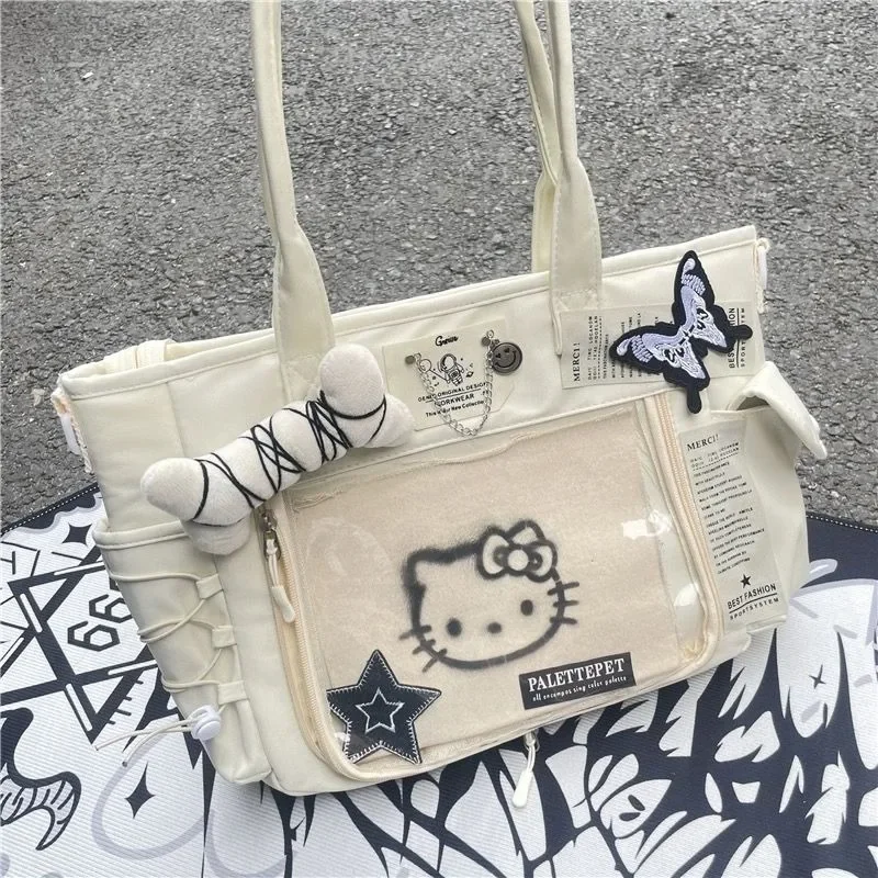 MBTI Y2k Hello Kitty Womens Tote Bag Canvas Large Capacity Pink Patchwork Shoulder Bag Casual Chain Sweet Fashion Ladies Handbag