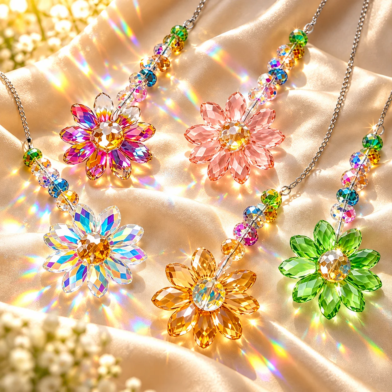 Daisy Flower Crystal Suncatcher, Rainbow Light Prism Hanging Ornament, Colorful Beaded Pendant for Window Home Wedding Decora