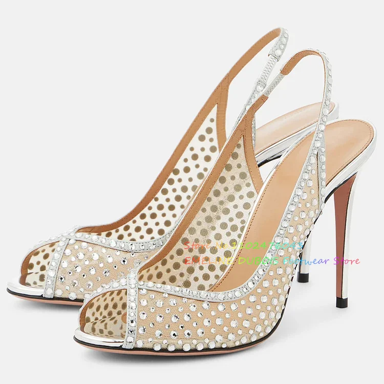 Silver Peep Toe Rhinestone Embellished High Heel Sandals Women Crystal Stiletto Heel Slingback Ankle Strap Wedding Dress Shoes