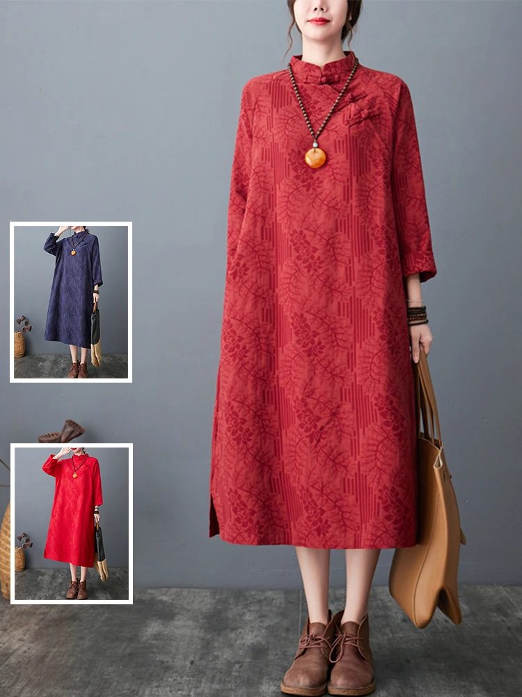 

Retro Patchwork Button Embroidered Improved Dr Large Size Women's Mid-Length Long Sve Slimming Linen Skirt