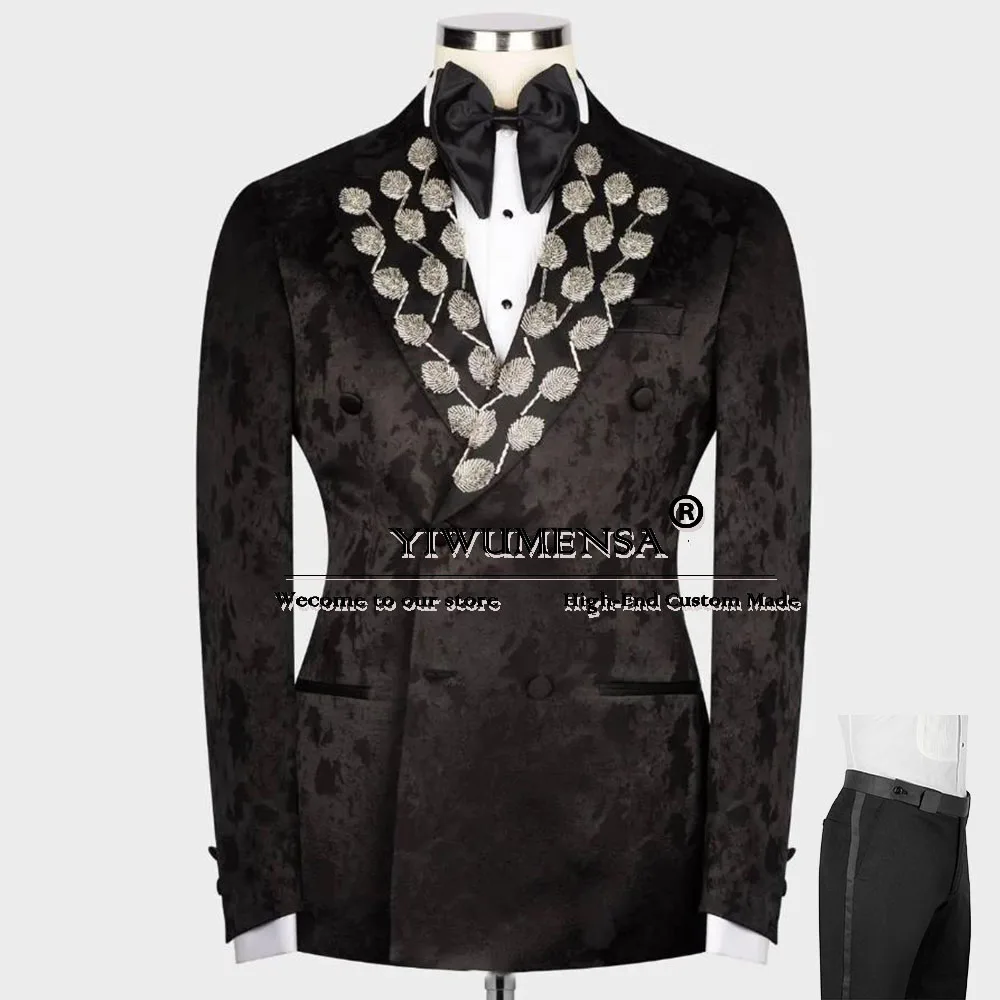 

Formal Business Suits Men Double Breasted Floral Jacket Pants 2 Pieces Groom Weding Tuxedos Tailored Crystals Beaded Blazer Sets