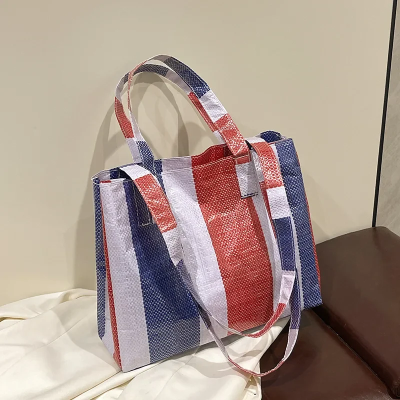 

‌2025 Woven Tote Bag for Women - Striped Shoulder Bag with Adjustable Wide Strap & Zipper Closure