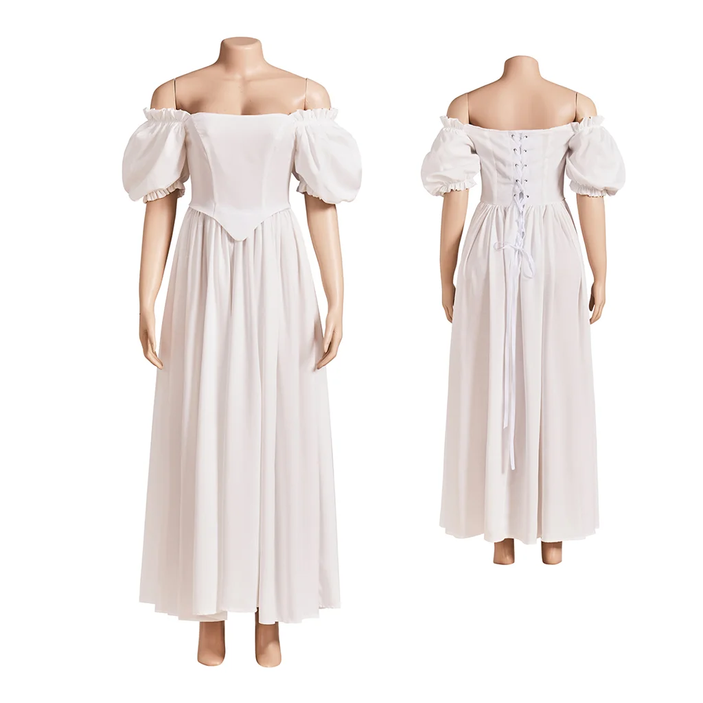 Medieval Retro White Off Shoulder Long Dress Gentle Style Victorian Dress Party Ball Dress Simple Wedding Dress