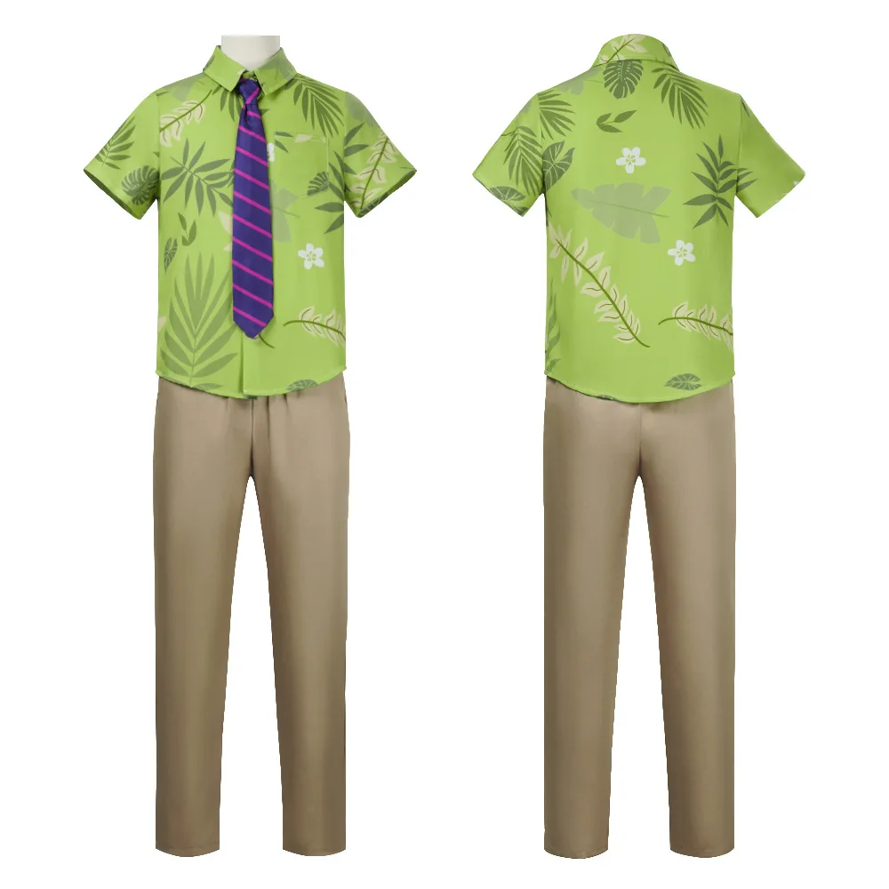 Camisa de cosplay de Fox Nick Wilde con corbata para hombre, disfraz con estampado de hojas verdes para Halloween