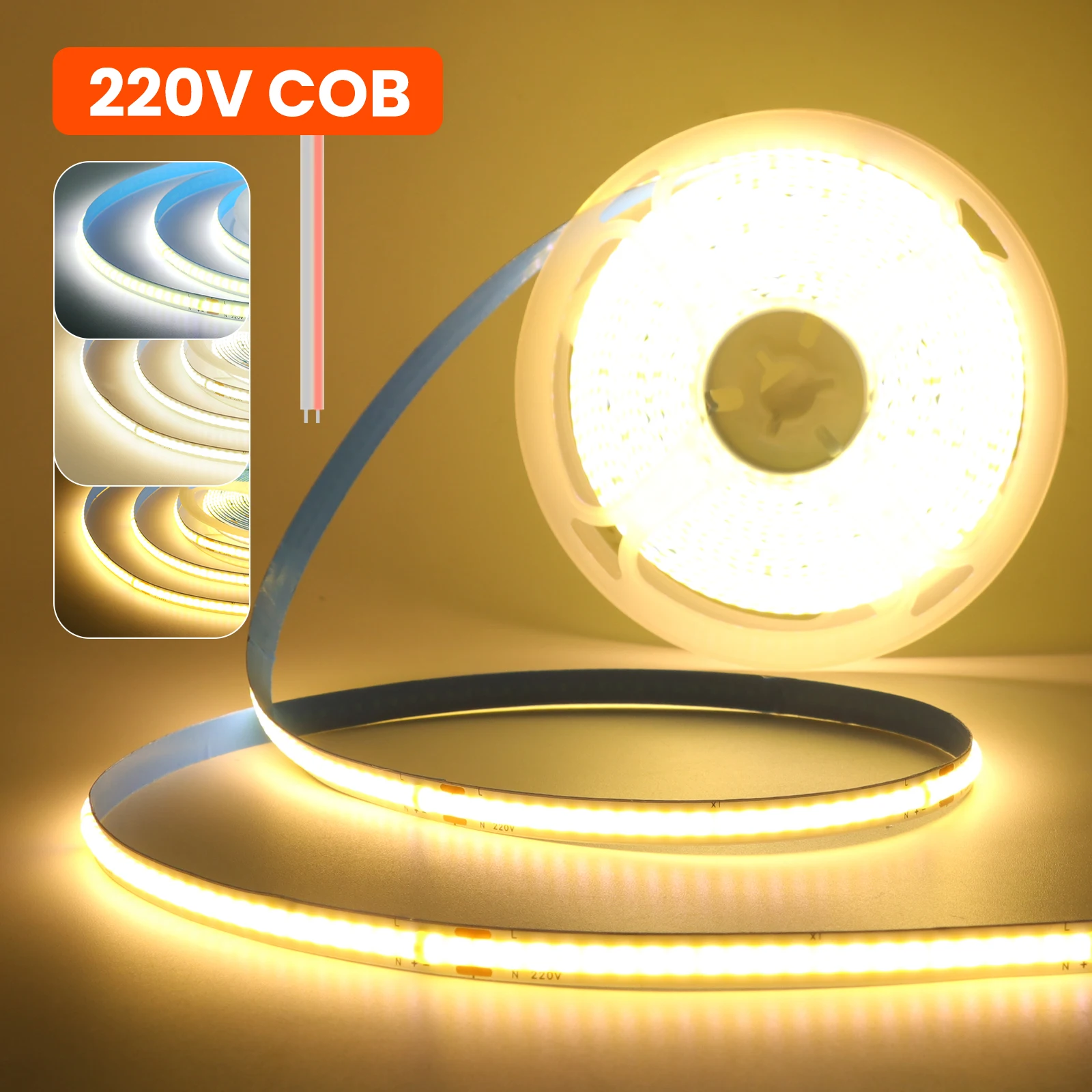 

5m 10m 15m 20m 50m 220V COB LED Strip Light High Brightness 240LEDs/m 8mm PCB Flexible Ribbon Adhesive Tape For Home Lighting