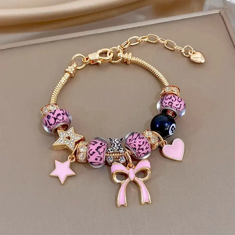 Y2K Zirconia Ceramic Leopard Beaded Bracelets for Women Delicate Pink Enamel Heart Star Bowknot Charms Bracelet Jewelry Gifts