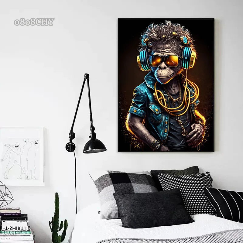 Animal Monkey Cat Dog Headphone Dj Music Poster Canvas Print Painting Vinyl Record Playing Music Picture Internet Bar Room Decor