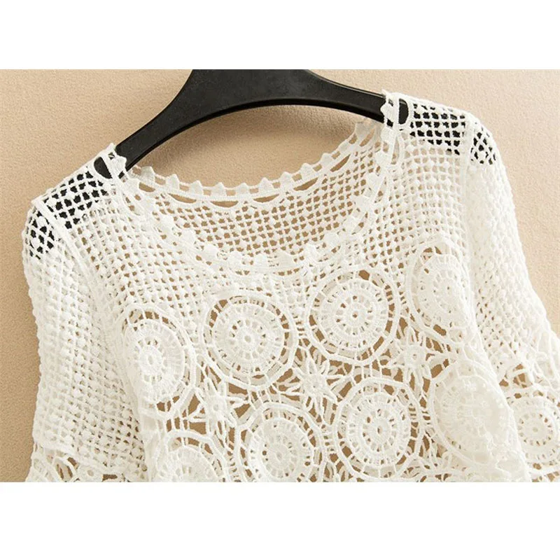 Sunscreen clothing Three-quarter Sleeve Openwork Knitwear Womens Summer Dress Short Paragraph  Blouse Thin Loose Bottoming Shirt