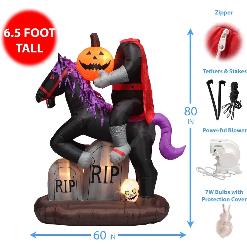 Halloween Decoration 6.5 Foot Tall Lighted Halloween Inflatable Headless Horseman with Horse Tombstones Skull and Pumpkin Lights