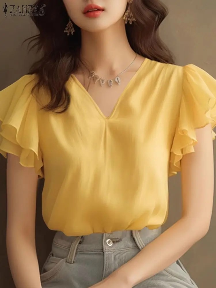 ZANZEA Vintage Women Party Blouse Elegant Ruffle Sleeve V-nekc Tops Korean Fashion Solid Shirt Tunic 2024 Summer Loose Blusas