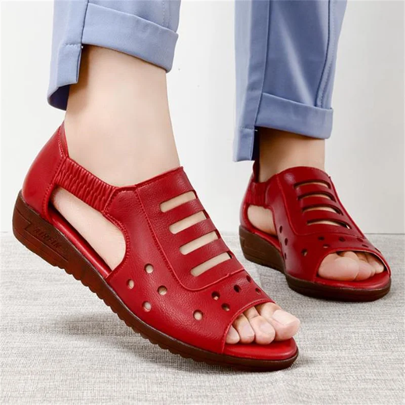 Women\'s Sandals Summer Fashion Genuine Leather Wedges Comfort Ladies Shoes Women Flats Soft Plus Size Sandals Mother Shoes 35 43