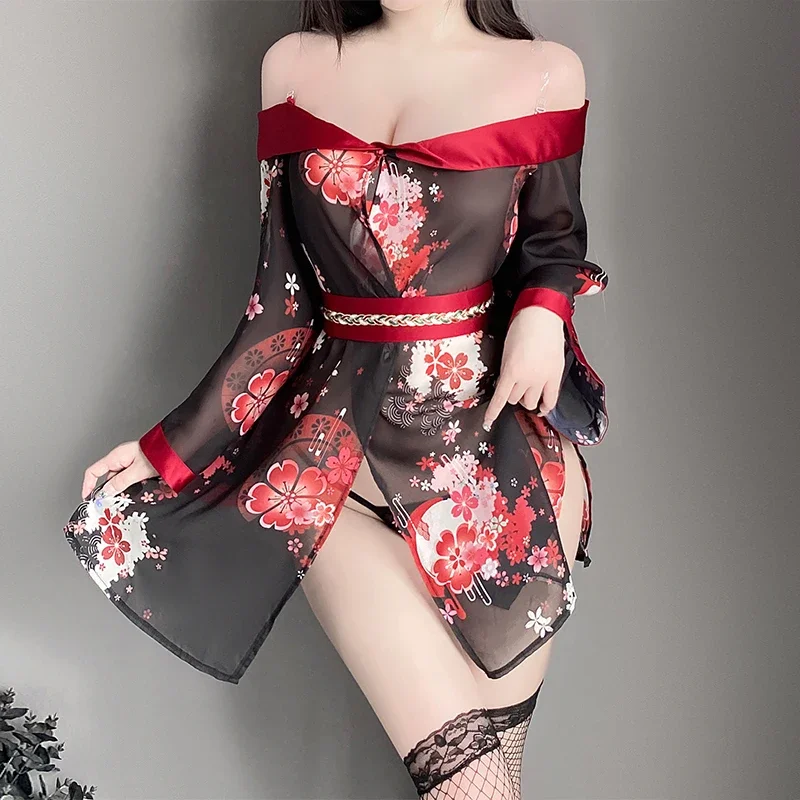 

Porn Japanese Anime Kimono Cosplay Miko Set Deep V Strapless Cleavage Black Sexy Lingerie Women Sleepwear Bathrobe