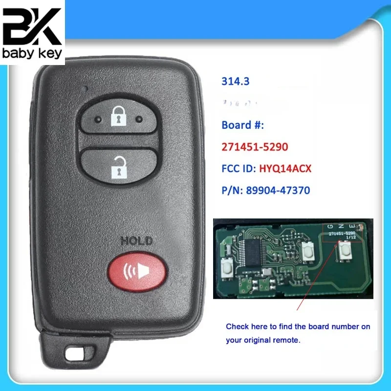 BB Key for Toyota Venza Prius 2011 2012 2013 2014 2015 2016 314.3MHz FCC ID:HYQ14ACX 271451-5290 with Logo Smart Remote Car Key