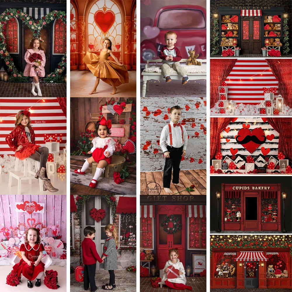 

Valentine's Day Photography Background February 14 Red Love Heart Flowers Store Kids Birthday Portrait Cake Smash Backdrop Photo