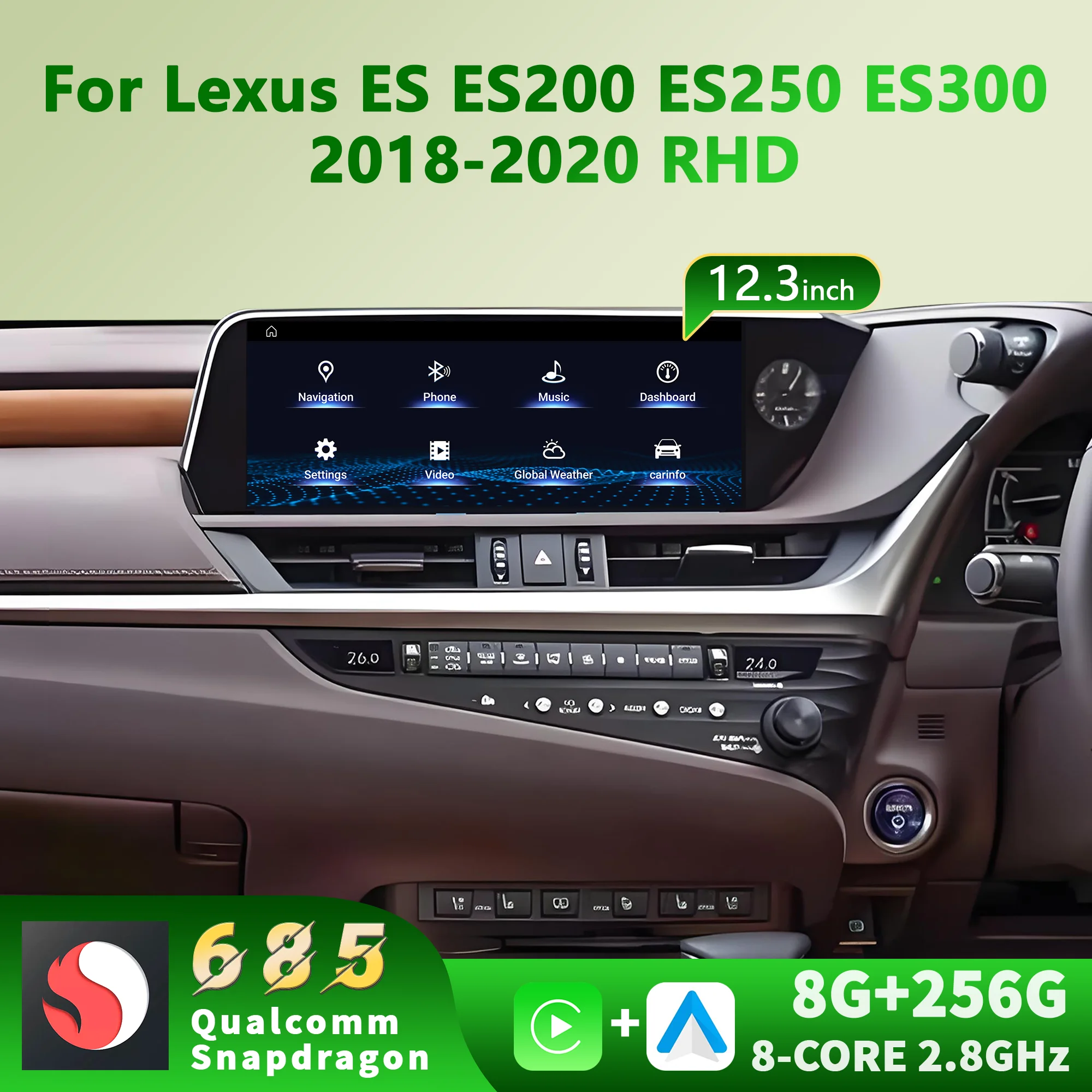 12.3 inch Right Hand Drive Android 14 For Lexus ES ES200 ES250 ES300 2018-2020 Wireless Carplay Snapdragon 685 Car Radio Screen