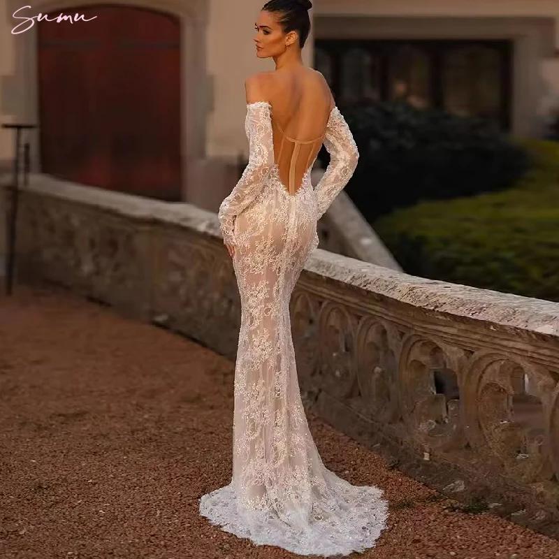 فستان زفاف رائع طويل حورية البحر من الدانتيل فستان زفاف مثير بدون حمالات الوهم قبالة الكتف عتيق بدون ظهر فيستدوس دي نوفيا