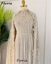 High Fashion Champagne Beaded Cocktail Dresses Cape Long Sleeves Evening Dress Party Engagement Dress Abiti Da Sera Customized