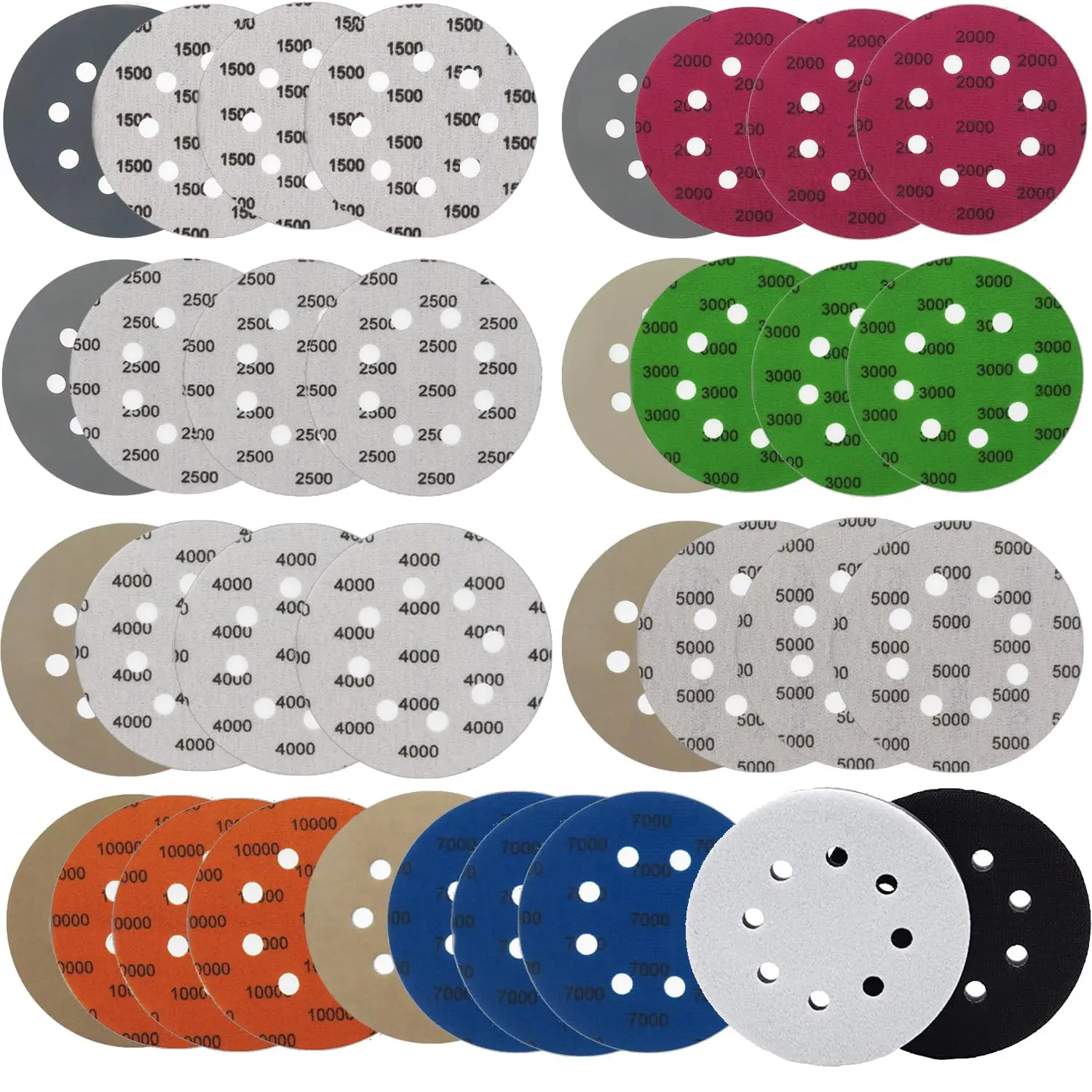 5 Inch 8 Holes Hook and Loop Sandpaper 34 Pcs Assorted 1500-10000 Grit with Interface Pad for Polishing Automotive Metal