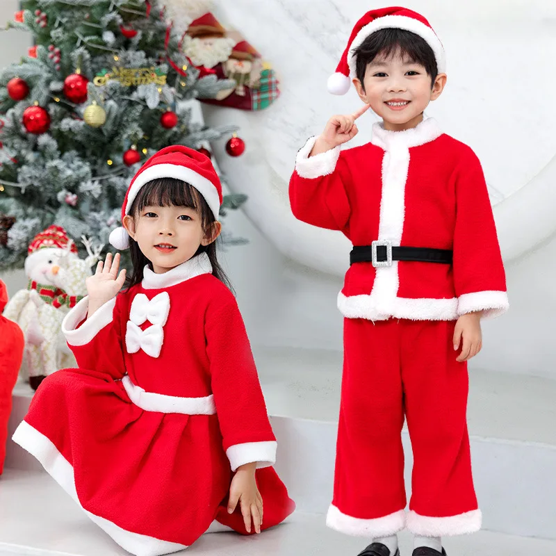 Santa Claus Costumes Kids Christmas Cosplay Party Clothing with Hat Cloak Skirt Santa Claus Stage Show Costumes Boys and Girls