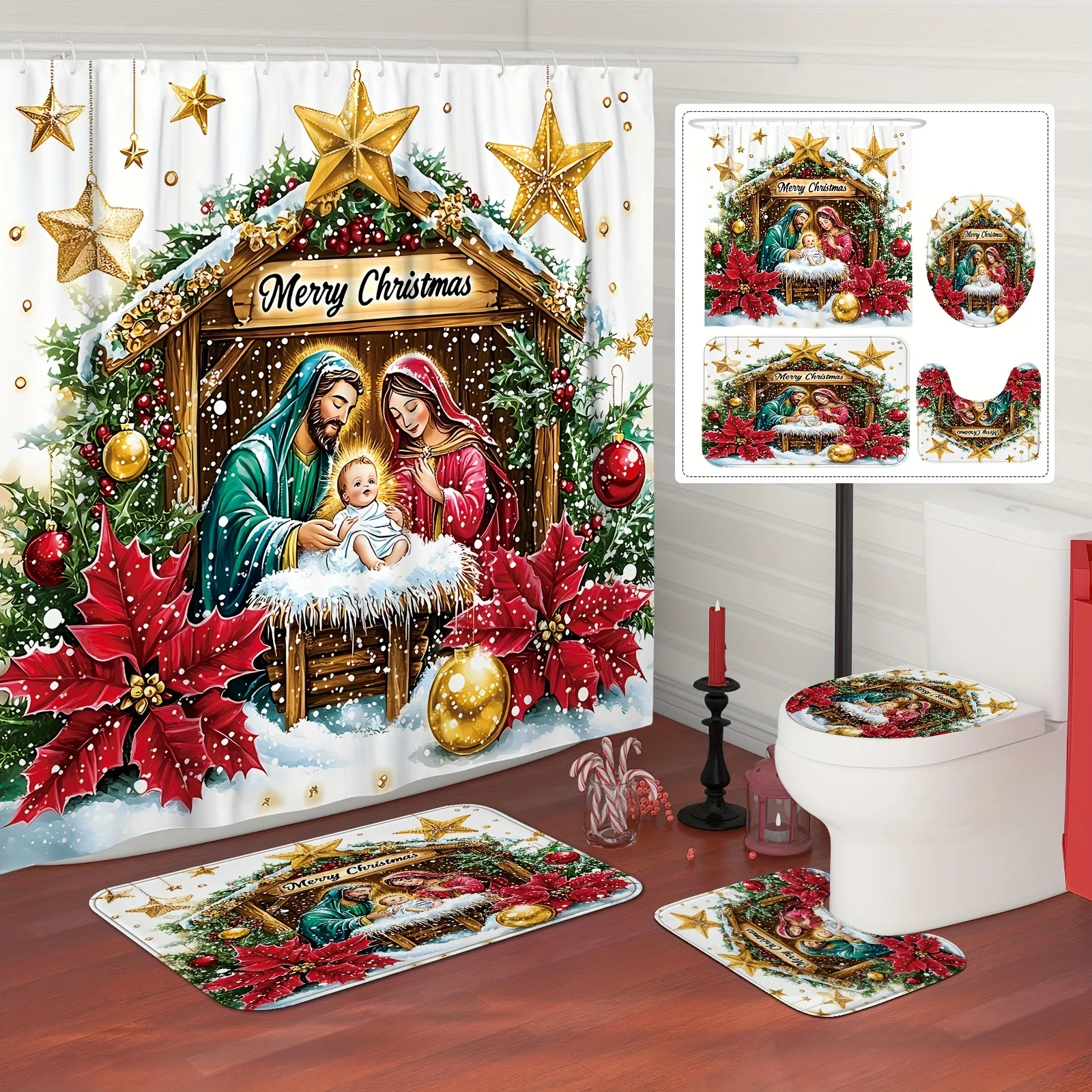 

Религиозный рождественский набор для ванной комнаты из 4 предметов - занавеска для душа на Рождество, чехол для унитаза и коврики, христианский праздничный декор, значимый подарок