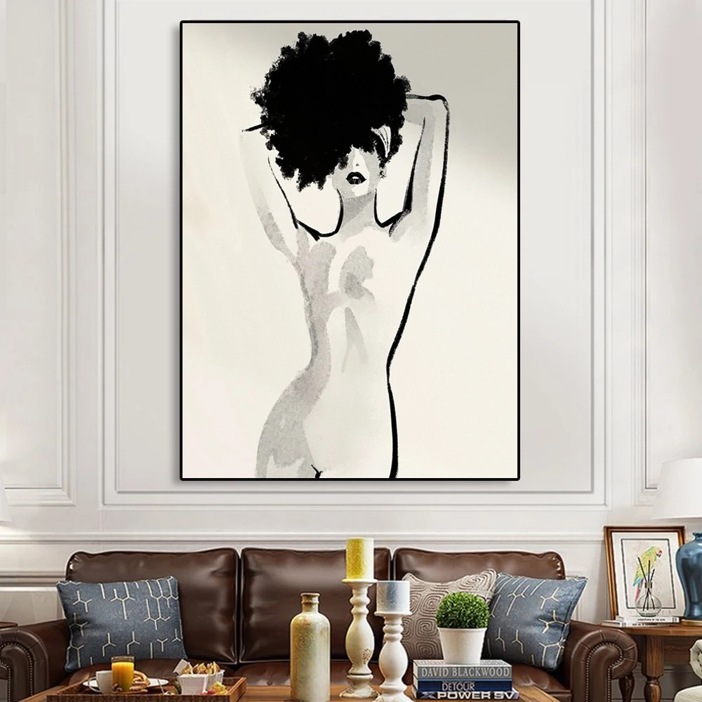 Modern Nude Line Art Poster Black Woman Art Prints Black Line Drawing Pineapple Hair Feminist Canvas Painting Home Decor