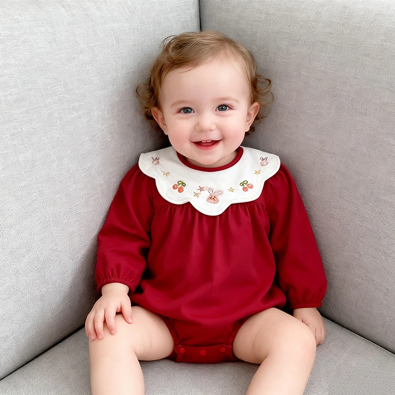 

Рождественский комбинезон для новорожденных девочек 0-3 лет, детский комбинезон, осенний комбинезон вишневого цвета с круглым вырезом и длинными рукавами, детский цельный милый детский комбинезон