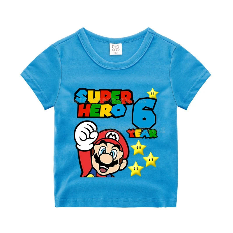 سوبر ماريوس الاطفال عدد تي شيرت الصبي عيد ميلاد الملابس الأزرق قصيرة الأكمام طفل القطن المحملة الصيف أنيمي الكرتون الأطفال قمم