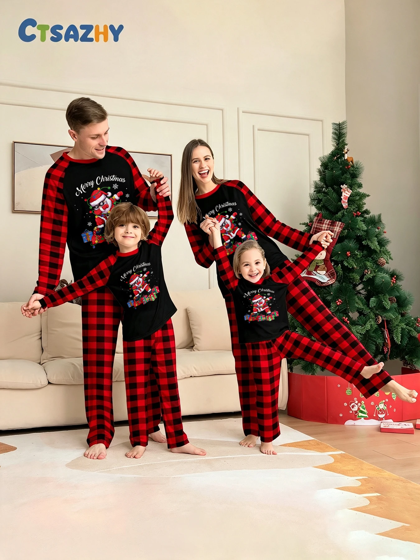 Family Christmas Pajamas Matching Parent-child Sleepwear Black Red Plaid Long Sleeve Santa Claus Print Xmas Gift Men Women Kids