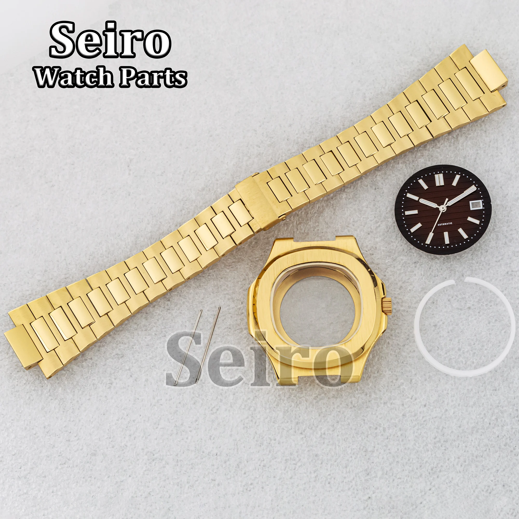 

41mm 316L Stainless Steel Gold Watch Case Strap Luminous Dial Hands Sapphire Crystal Waterproof For Nautilus NH35/NH36 Movements