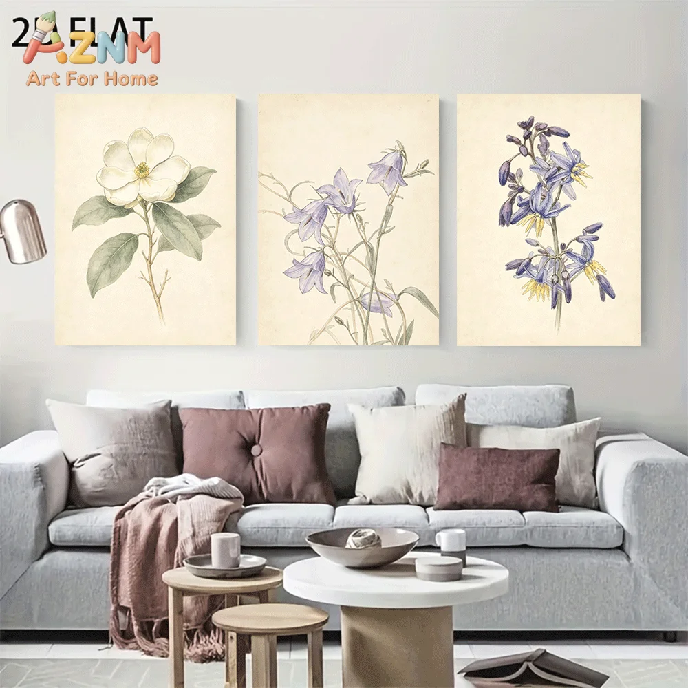 AZNM Frameless Canvas Wall Art, Vintage Botanical White Purple Flower Print, Antique Watercolor Floral Wall Decor for Living Roo