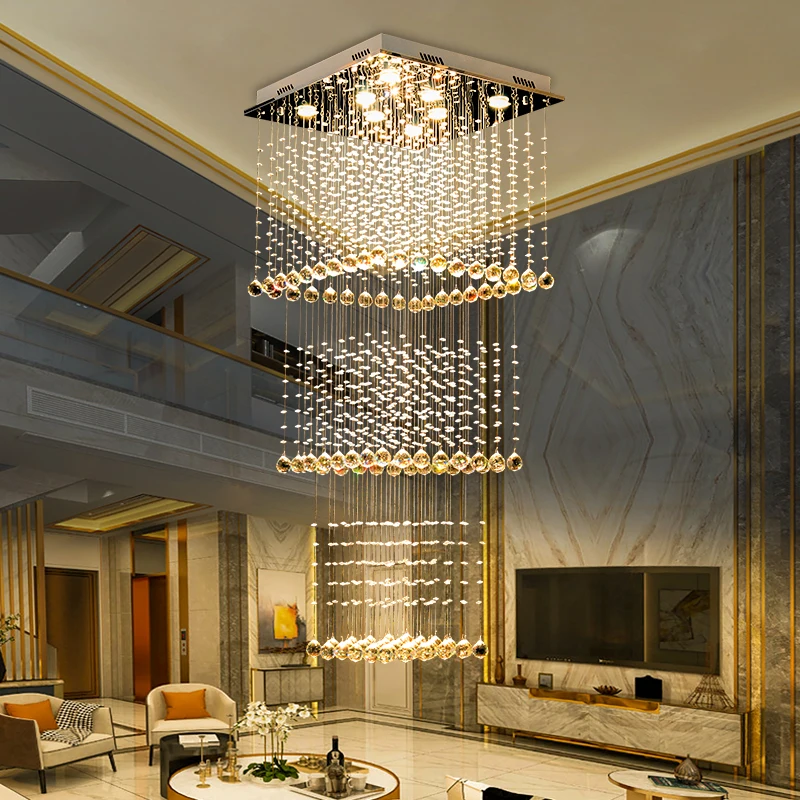 Duplex Living Room Large Chandelier Square Staircase Light Hotel Villa Living Room Light Postmodern Crystal Chandelier