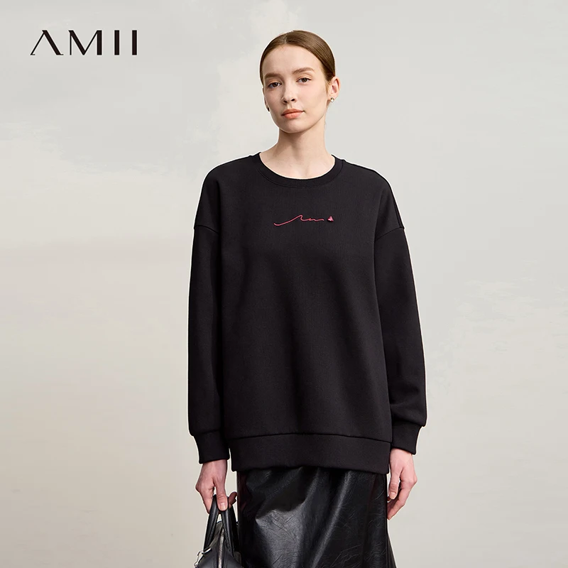 Amii Damskie Bluzy 2025 Zima Nowa Luźna Ciepła Bluza Damska z Długim Rękawem Haftowana Bluza Pulower z Okrągłym Dekoltem Top Damski 12524025