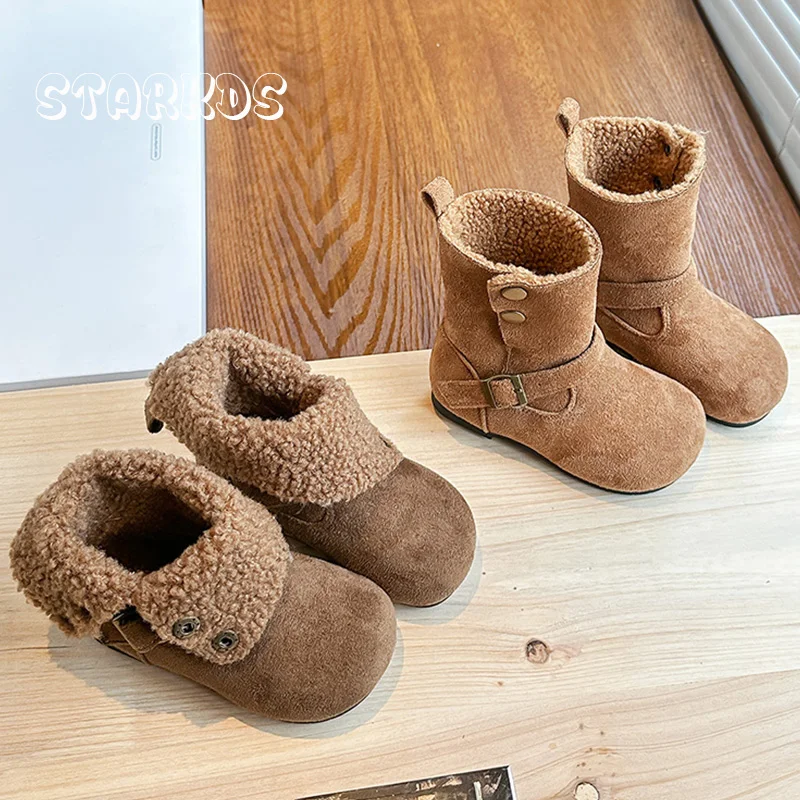 

Сапоги из овечьей шерсти для девочек, зимние теплые плюшевые ботинки до середины икры с пряжкой и ремнем, модные модные ботинки без шнуровки на плоской подошве с мехом