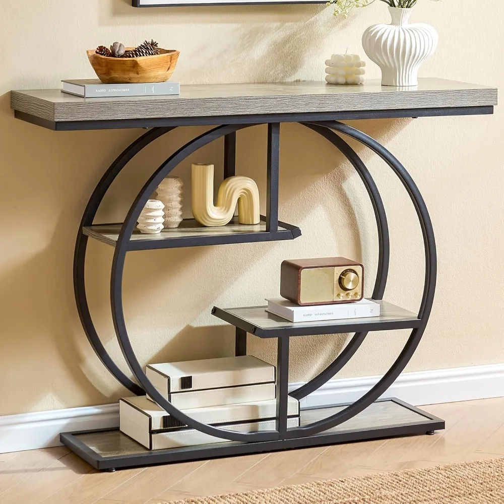 طاولة أريكة، طاولة مدخل صناعية من 4 طبقات مع قاعدة دائرية وسطح سميك 1.7، طاولة وحدة تحكم ضيقة مع مساحة تخزين لـ #1