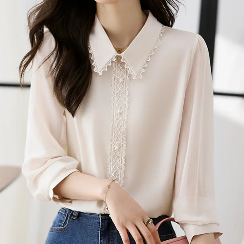 

Females Chiffon Fashion Blouses for Women Elegant Clothing Puff Sleeves Tops Long Sleeve Office Ladies Tops Spliced Dropshipping