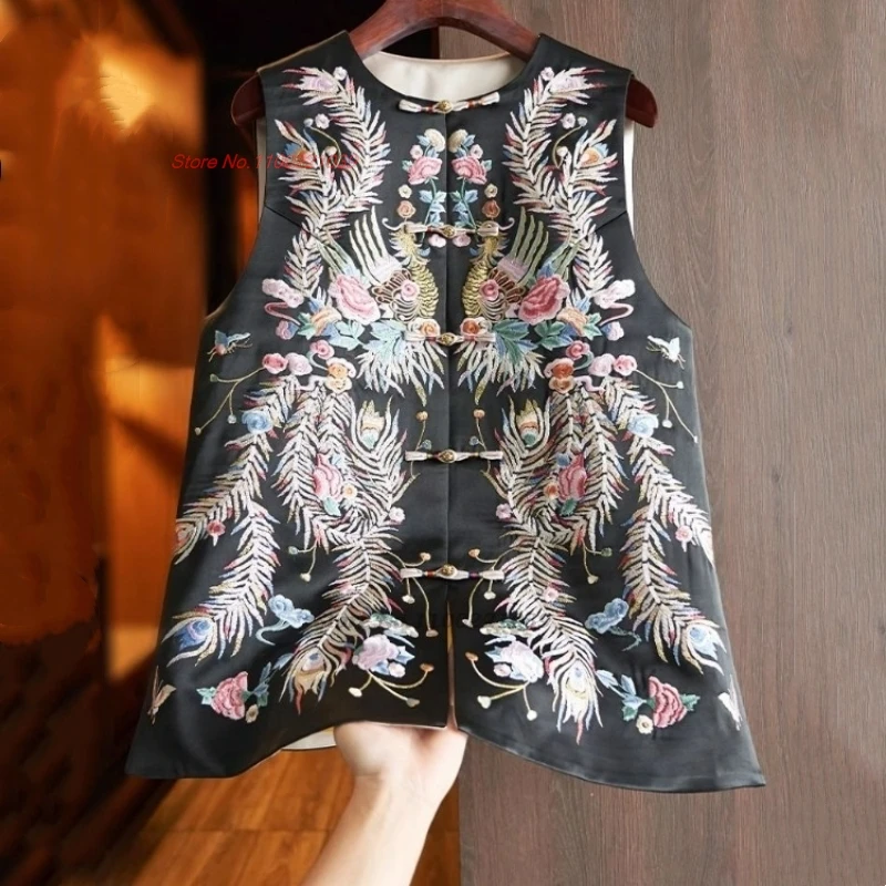 2025 nationale bloem borduurwerk vintage satijnen vest chinese o-hals folk vest oosterse retro hanfu tops etnische mouwloze jas