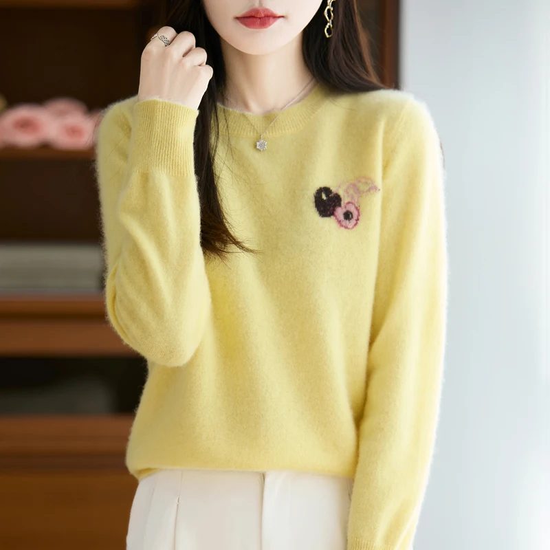 2025 Otoño/Invierno nuevo 100% suéter de lana pura con cuello redondo jersey de Jacquard bordado de punto para mujer Top suelto superventas para mujer