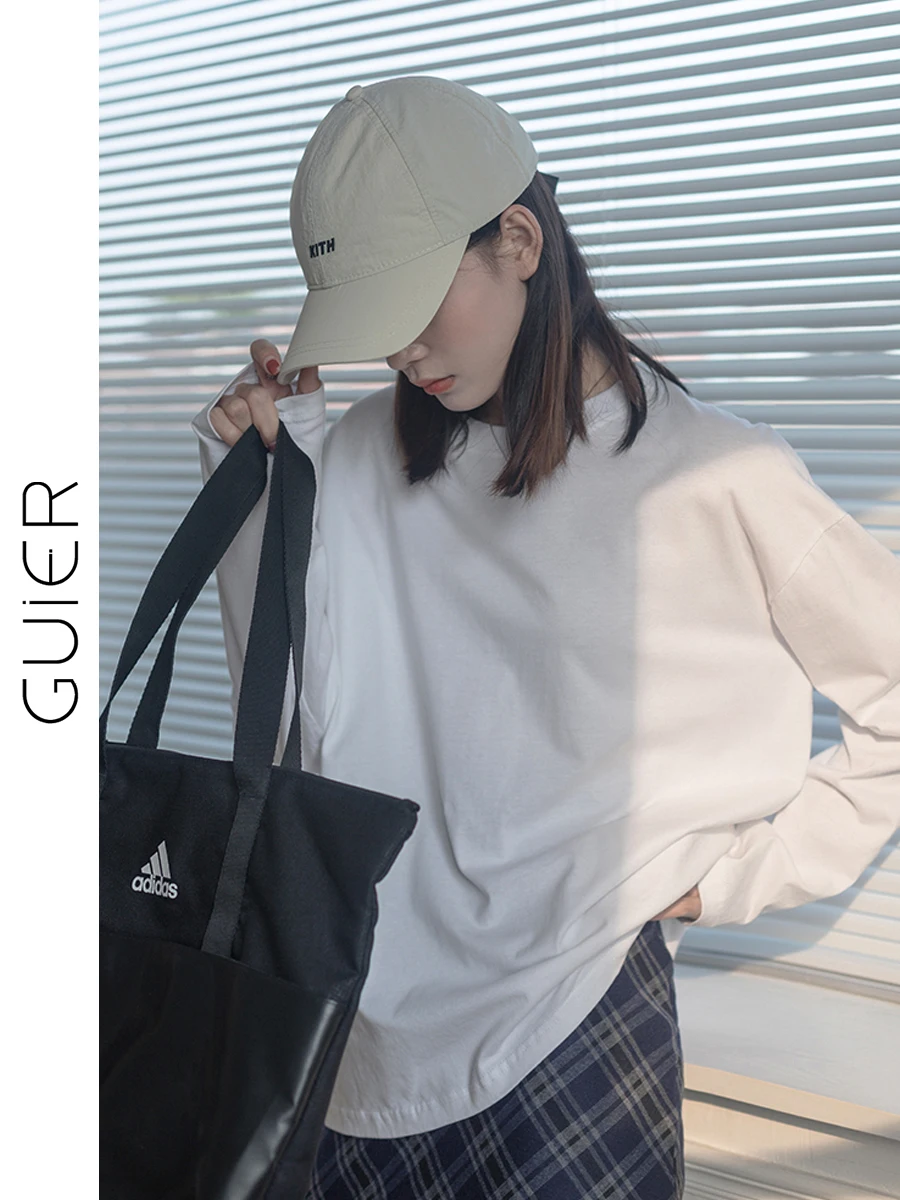 Camiseta Blanca de Manga Larga para Mujer, Prenda Exterior de Primavera y Otoño, Top Holgado, Prenda Interior, Camiseta Básica, Estilo Casual, 100% Algodón