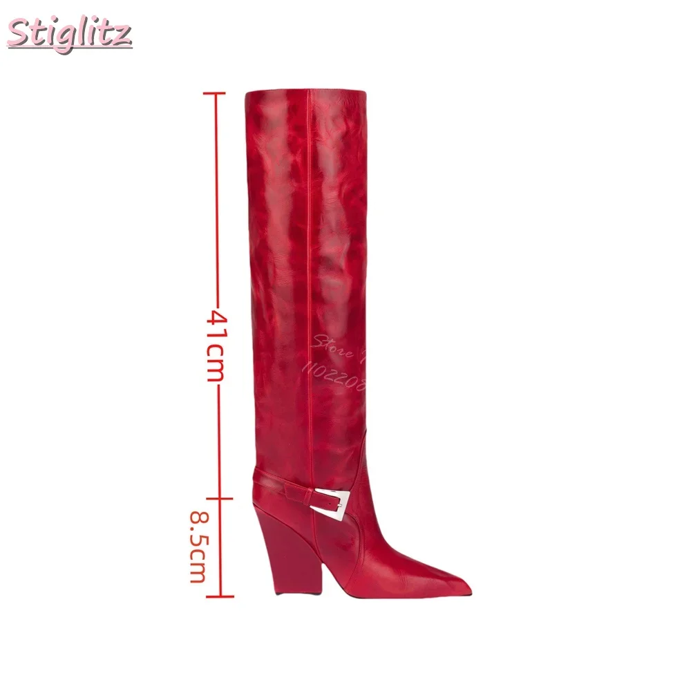 Sexy Red Metal Belt Buckle Boots Square Toe lock Heels Knee High Boots Slip-on 2025 Autumn Women's Fashion Faux Leather Shoes