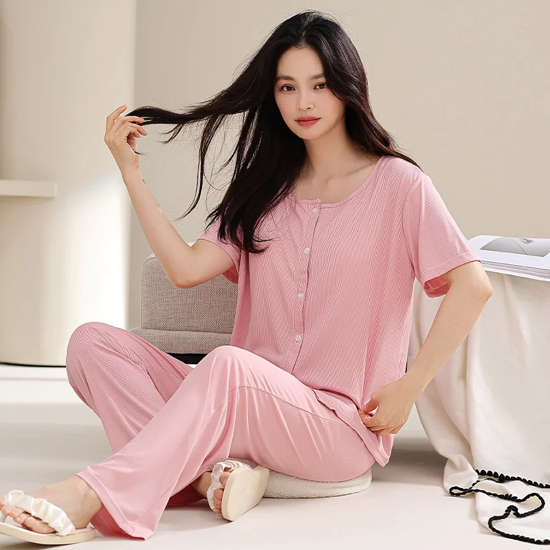 Summer Pajamas Set Women With Chest Pads Short Sleeve Tops + Long Pants Casual Tracksuit Female Sleepwear Cardigan Pijamas Mujer 3