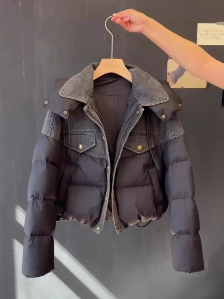 

Winter Thick Women's Short Down Cotton Jacket Fashion Cowboy Splicing Single Breasted Female Jeans Outerwear Leisure Warm Coats