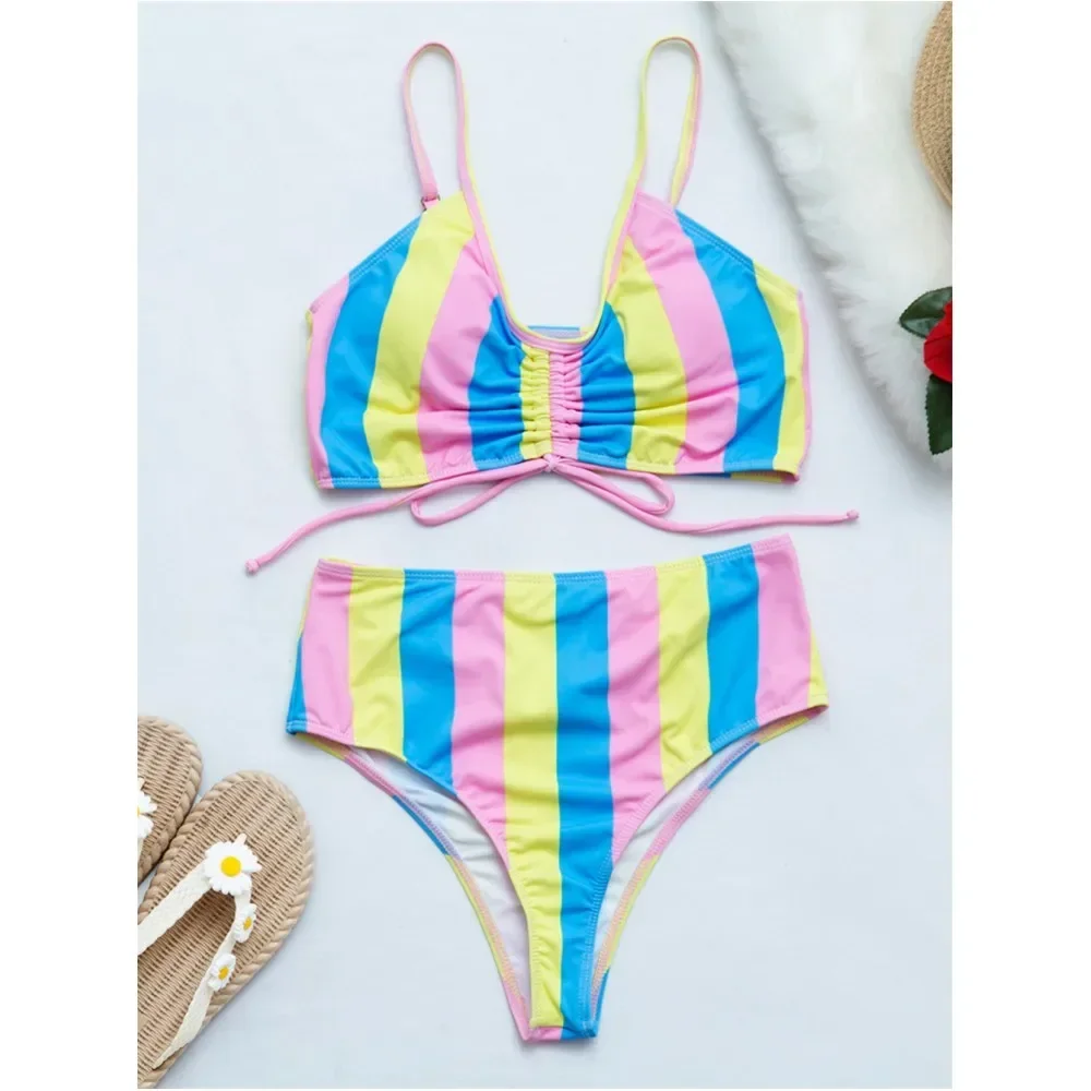 Striped Sling Bikini High Waist Swimsuit Drawstring Pleated Vacation Swimwears Y2K Bathing Suit Trend Women Beach Outfit Biquini