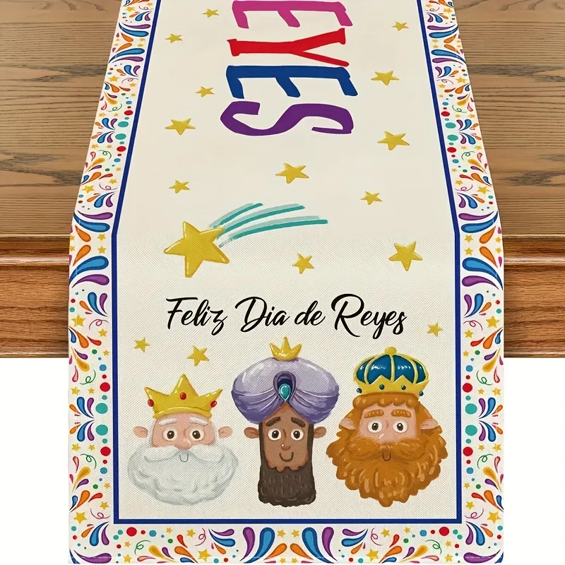 Camino de mesa vibrante con temática española |   Reyes de dibujos animados, estrellas y "Feliz Día de Reyes" |   Pieza de comedor de cocina de múltiples vacaciones de fácil limpieza